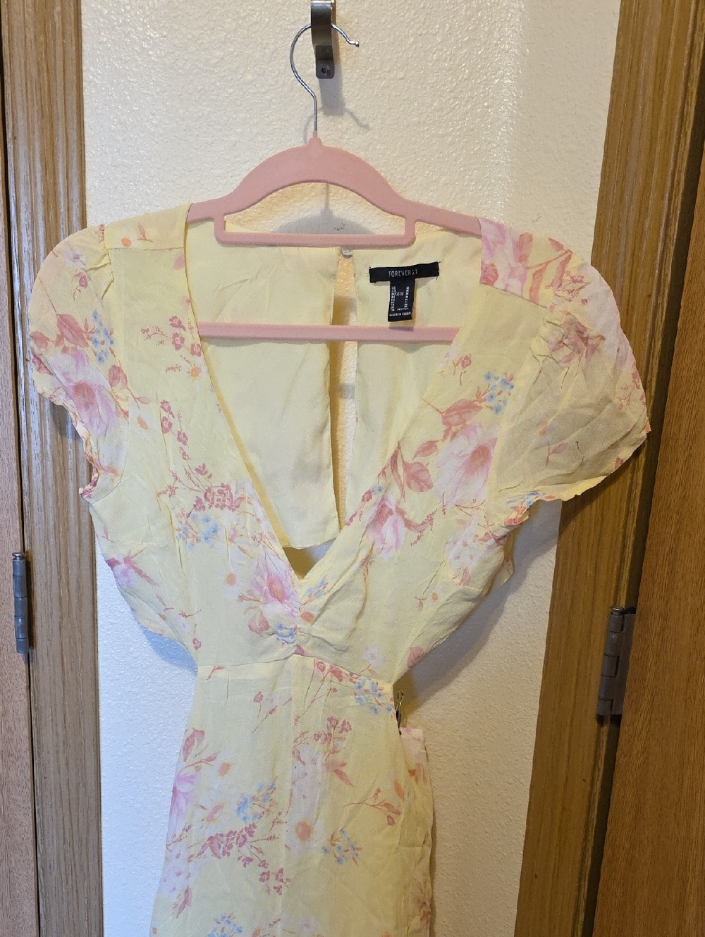 Boho Chic Forever 21 Pale Yellow Floral Wrap Dress with Pink & Blue Blooms